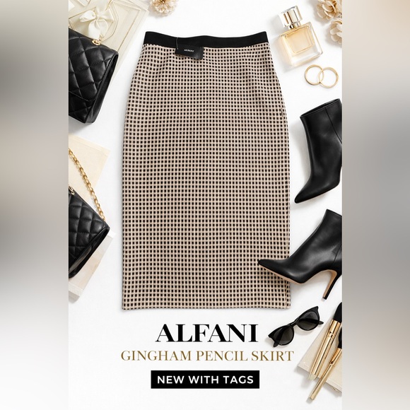 Alfani Gingham Pencil Skirt Tan Black Size Small NWT Classic Workwear Chic - Picture 2 of 3